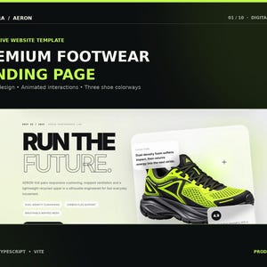 Plantilla web para tiendas de zapatillas, página de inicio con React, interfaz de usuario animada para calzado, código fuente en TypeScript.