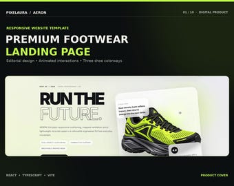 Könnte beinhalten: Ein digitales Produktcover für eine responsive Website-Vorlage mit dem Titel Premium Footwear Landing Page. Das Design zeigt einen neongelben und schwarzen Sportschuh, den Text Run The Future sowie technische Details zu Dämpfung und Mesh.