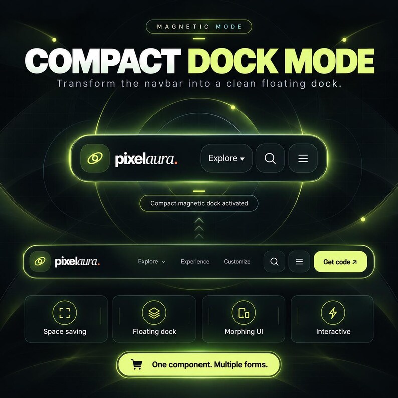 Pu&ograve; includere: Un'interfaccia digitale con il testo COMPACT DOCK MODE e Transform the navbar into a clean floating dock. Mostra una barra di navigazione scura con accenti verde neon, un'icona di ricerca, un menu e un pulsante Get code.