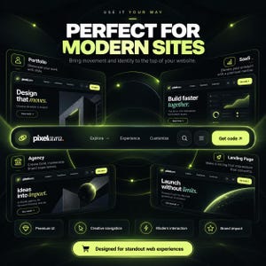 Pu&ograve; includere: Un kit di progettazione di interfacce digitali con sfondi scuri e accenti verde neon. Mostra barre di navigazione, layout di landing page ed elementi dell'interfaccia utente con testo che include "PERFECT FOR MODERN SITES" e "pixelaura."