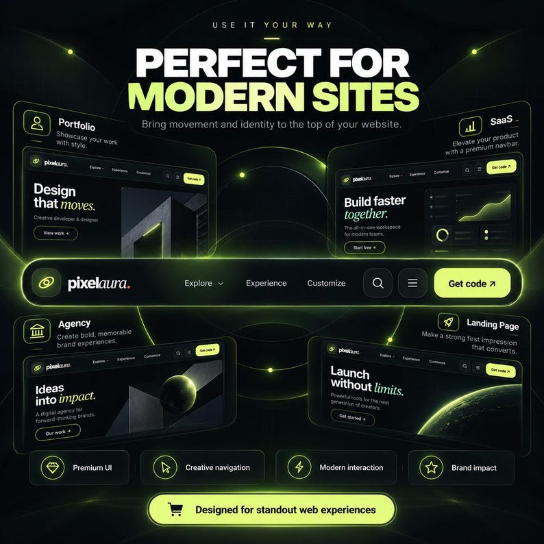 Pu&ograve; includere: Un kit di progettazione di interfacce digitali con sfondi scuri e accenti verde neon. Mostra barre di navigazione, layout di landing page ed elementi dell'interfaccia utente con testo che include "PERFECT FOR MODERN SITES" e "pixelaura."