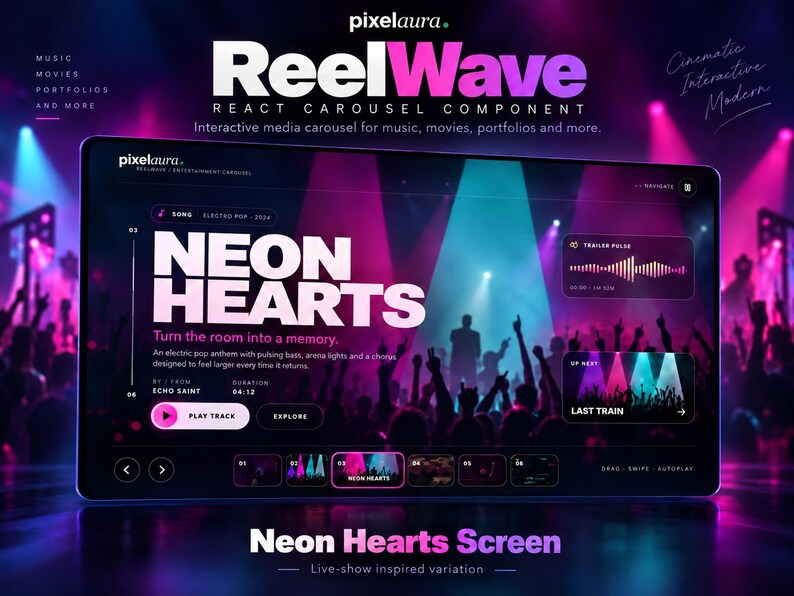 May include: A digital interface display titled ReelWave React Carousel Component featuring a dark theme with neon pink and blue lighting. The screen shows a music track titled Neon Hearts by Echo Saint with playback controls and a concert crowd background.