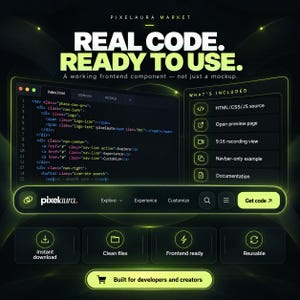 Pu&ograve; includere: Una visualizzazione di prodotto digitale per Pixelaura Market con frammenti di codice, un componente barra di navigazione e un elenco di file inclusi. L'interfaccia scura utilizza accenti verde neon e il testo: REAL CODE. READY TO USE.