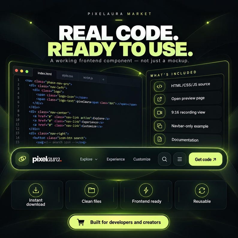 Pu&ograve; includere: Una visualizzazione di prodotto digitale per Pixelaura Market con frammenti di codice, un componente barra di navigazione e un elenco di file inclusi. L'interfaccia scura utilizza accenti verde neon e il testo: REAL CODE. READY TO USE.