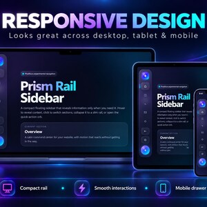 K&ouml;nnte beinhalten: Eine digitale Benutzeroberfl&auml;che zeigt die Prism Rail Sidebar auf einem Laptop, Tablet und Smartphone. Das dunkle Design bietet leuchtende blaue und violette Akzente, eine schwebende Navigationsleiste und Text zu responsivem Design.