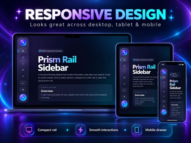 K&ouml;nnte beinhalten: Eine digitale Benutzeroberfl&auml;che zeigt die Prism Rail Sidebar auf einem Laptop, Tablet und Smartphone. Das dunkle Design bietet leuchtende blaue und violette Akzente, eine schwebende Navigationsleiste und Text zu responsivem Design.