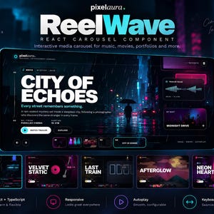 May include: A digital interface design for a React carousel component titled ReelWave, featuring a dark theme with neon blue and pink accents. The layout displays a movie showcase titled City of Echoes, with navigation controls, thumbnails, and technical feature icons for React, TypeScript, and responsive design.