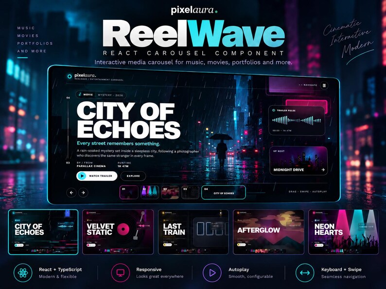 May include: A digital interface design for a React carousel component titled ReelWave, featuring a dark theme with neon blue and pink accents. The layout displays a movie showcase titled City of Echoes, with navigation controls, thumbnails, and technical feature icons for React, TypeScript, and responsive design.