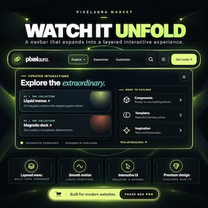 Pu&ograve; includere: Un design di interfaccia digitale scuro intitolato WATCH IT UNFOLD di Pixelaura Market. Presenta una barra di navigazione, un menu interattivo a livelli con sezioni per Liquid menus e Magnetic dock, e quattro schede di funzionalit&agrave; con accenti verde neon.
