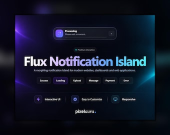 Könnte beinhalten: Eine dunkel gestaltete digitale Benutzeroberfläche mit dem Titel Flux Notification Island. Sie enthält ein Verarbeitungs-Benachrichtigungsfeld, eine Reihe von Status-Buttons wie Success, Loading, Upload, Message, Payment, Error sowie Labels für Interactive UI, Easy to Customize und Responsive.