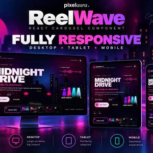 May include: A digital display showing the ReelWave React carousel component on a desktop monitor, tablet, and smartphone. The interface features a dark theme with neon pink and purple accents, displaying the text Midnight Drive and song details.