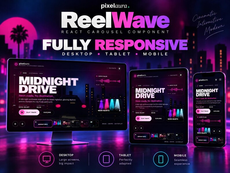 May include: A digital display showing the ReelWave React carousel component on a desktop monitor, tablet, and smartphone. The interface features a dark theme with neon pink and purple accents, displaying the text Midnight Drive and song details.