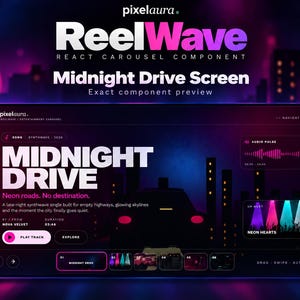 May include: A digital interface display titled ReelWave featuring a Midnight Drive screen. The dark theme includes a music player layout with text, a song title, audio pulse visualisation, and a carousel navigation bar at the bottom with thumbnails.
