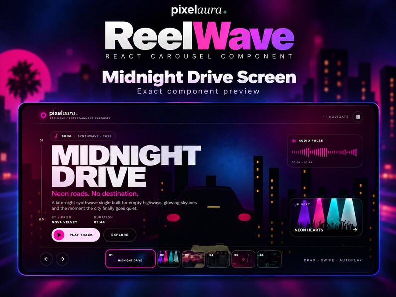 May include: A digital interface display titled ReelWave featuring a Midnight Drive screen. The dark theme includes a music player layout with text, a song title, audio pulse visualisation, and a carousel navigation bar at the bottom with thumbnails.