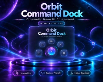 Könnte beinhalten: Eine digitale Benutzeroberfläche mit dem Titel Orbit Command Dock, die eine filmische Neon-UI-Komponente mit HTML-, CSS- und JS-Beschriftungen zeigt. Das Display enthält einen zentralen runden Knopf, umgeben von fünf Symbolen.