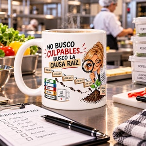 Puede incluir: Una taza de cerámica blanca con el texto NO BUSCO CULPABLES... BUSCO LA CAUSA RAÍZ, un personaje de dibujos animados con una lupa, un diagrama de flujo con el texto POR QUÉ, una pila de carpetas coloridas y una pequeña planta creciendo.