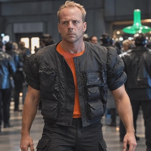 May include: A person wearing a black short-sleeved utility jacket with multiple front pockets and puffed sleeves over a bright orange ribbed shirt, paired with black cargo pants. The jacket features a front zipper closure and a structured design.