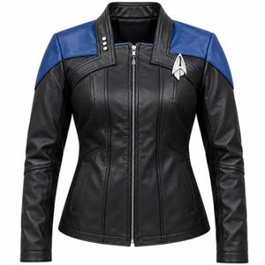 Giacca in pelle da donna Star Trek Picard, cappotto nero e blu uniforme della Flotta Stellare, giacca per cosplay fantascientifico spaziale, regalo futuristico da motociclista per lei