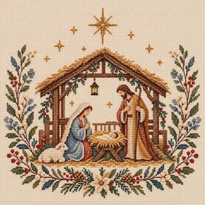 May include: A cross-stitch embroidery depicting a nativity scene with a central stable, a figure in blue, a figure in brown, and a baby in a manger. The scene is framed by a floral wreath with red berries and a large star above the stable roof.