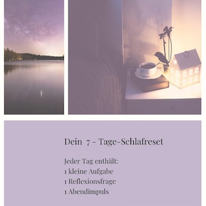 Könnte beinhalten: Eine digitale Grafik mit violettem Hintergrund zeigt einen Nachthimmel über einem See, einen Nachttisch mit einer Tasse Tee, einem Buch und einer hausförmigen Lampe. Der Text lautet: Dein 7 - Tage-Schlafreset, Jeder Tag enthält: 1 kleine Aufgabe, 1 Reflexionsfrage, 1 Abendimpuls, BEGINNE JETZT!