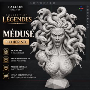 Peut inclure: Un modèle numérique 3D d'un buste de Méduse avec des serpents en guise de cheveux, présentant une surface géométrique low-poly. Le texte à gauche indique : FALCON CRÉATION, COLLECTION LÉGENDES, MÉDUSE, FICHIER STL, FICHIER STL À TÉLÉCHARGER, POUR IMPRESSION 3D.