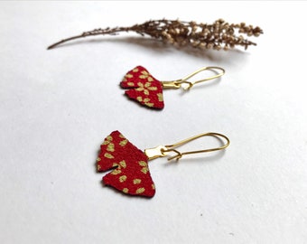 Red earring, in Japanese gingko leaf fabric