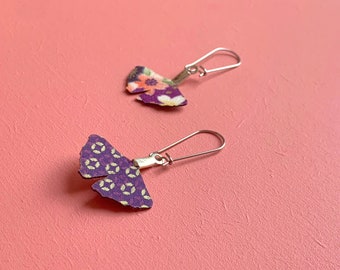 Purple earring, reversible, japanese fabric, gingko leaf