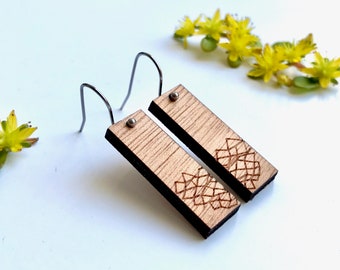 Laser cut and engraved wooden earrings