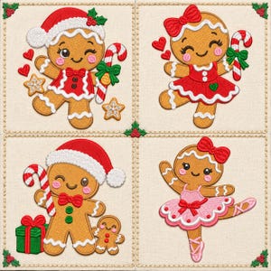 May include: Four embroidered squares on a light fabric background featuring gingerbread characters. One wears a Santa hat, one a red dress, one a Santa hat with a gift, and one a pink tutu. Each includes candy canes, hearts, and holly.