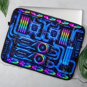 Cyberpunk Laptop Sleeve, Water Cooled Gaming PC Case, RGB Neon Custom Rig Laptop Pouch, Futuristic Techwear Mac Bag