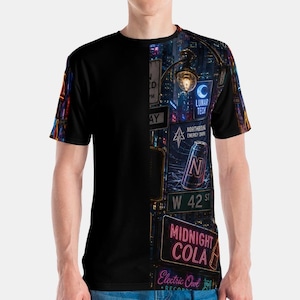 May include: A short-sleeve t-shirt featuring a split design. The left side is solid black, while the right side displays a vibrant nighttime city scene with neon signs reading Lunar Tech, Northbound Energy Drink, W 42 St, Midnight Cola, and Electric Owl.