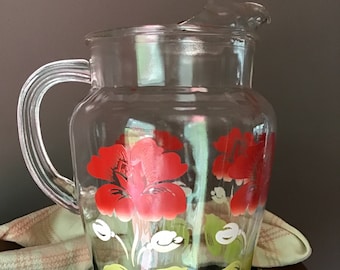 Vintage Glass Red Floral Juice Pitcher With Ice Lip Ice Guard Heavy Glass Pitcher For Iced Tea,  Juice, Signature Cocktails