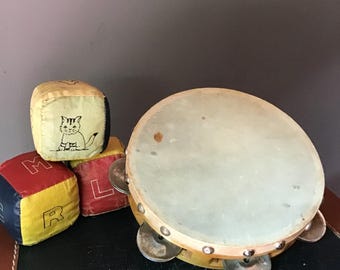 Vintage Childs Tambourine: Wood Rim, Calf Skin Head Percussion Instrument