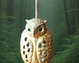 Vintage Owl Pomander Closet Sachet Gold Tone with Green Rhinestone Eyes  Original Scent Tablet Included. Bird Watcher Animal Lover