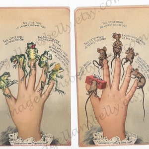 Winzige Frösche und Mäuse auf den Fingerspitzen Sofortige digitale Downloads ZWEI 1884 RaRE Hawley & Hoops Schokolade Victorian Trade Cards