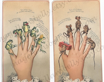 Petites grenouilles et souris au bout des doigts téléchargements numériques instantanés DEUX cartes de commerce victoriennes chocolat Hawley & Hoops 1884 rares