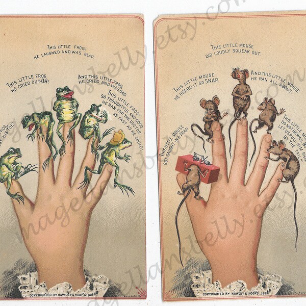 Victorian Trade Card Set of 2, Hawley & Hoops Chocolate, Tiny Frogs and Mice on Fingertips 1884  RARE Vintage  Antique Trade Cards