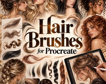 Puede incluir: Un conjunto de arte digital titulado Hair Brushes for Procreate que presenta varias texturas de cabello, estilos y muestras de color. La imagen incluye ilustraciones de diversos peinados, mechones individuales y una tableta en uso.
