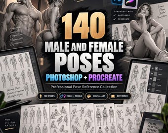 Op de afbeelding: Een digitale kunst-referentiecollectie met 140 mannelijke en vrouwelijke poses voor Photoshop en Procreate. De weergave bevat schetsen van menselijke figuren in diverse houdingen, anatomiestudies en de tekst 140 Male and Female Poses.
