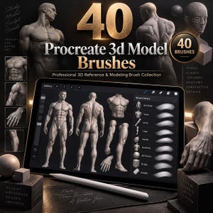Può includere: Un tablet digitale che mostra una libreria di 40 pennelli 3D Procreate per anatomia e scultura. Lo schermo mostra figure umane, parti del corpo e tratti di pennello. Uno stilo bianco è appoggiato davanti al tablet su una superficie scura.