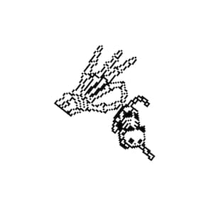 Puede incluir: Un gráfico de pixel art en blanco y negro que presenta una mano esquelética haciendo un gesto con los dedos extendidos y una pequeña figura de cráneo estilizada colocada debajo, renderizado con una estética digital sobre fondo blanco.