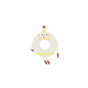 May include: A pixel art character featuring a round, off-white body with a central hole, a yellow band at the base, and a small square head with two dots for eyes. The figure has thin red limbs, a red antenna on top, and a simple, blocky design.
