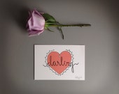 Darling . feminine art print . heart . vine . typography . love . heart print . love print . cute . coral . pink . 5 x 7 print