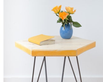 NEW Wooden Hexagon coffee table with COLOUR POP Pantone Marigold yellow edges and hairpin legs