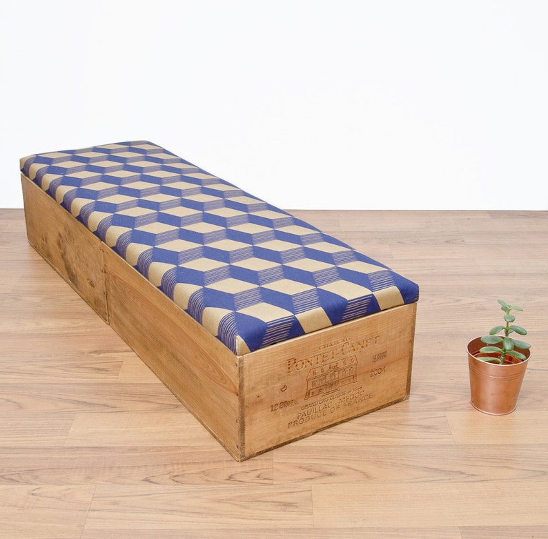 Reclaimed Wine crate Ottoman multi purpose bedroom / living room storage with various fabrics image 1