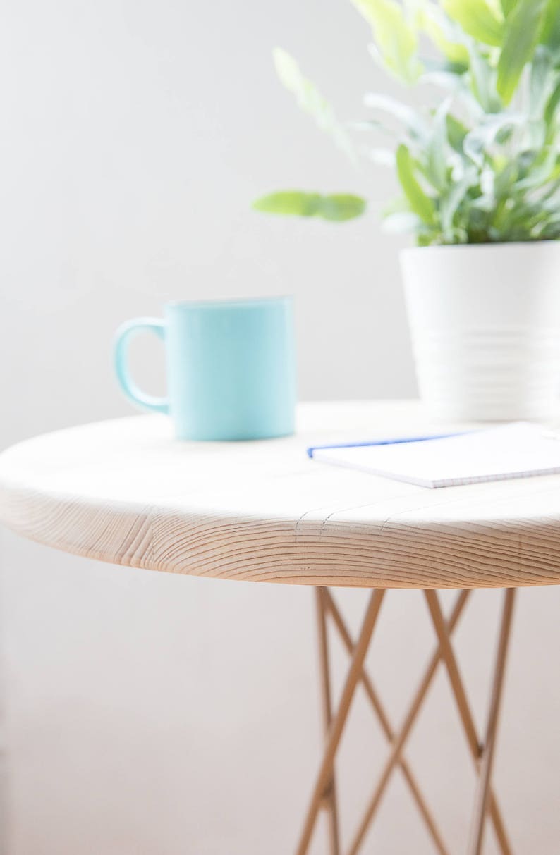 Hand Made Round Wooden Side Table With Gold Hairpin Tri Leg Etsy