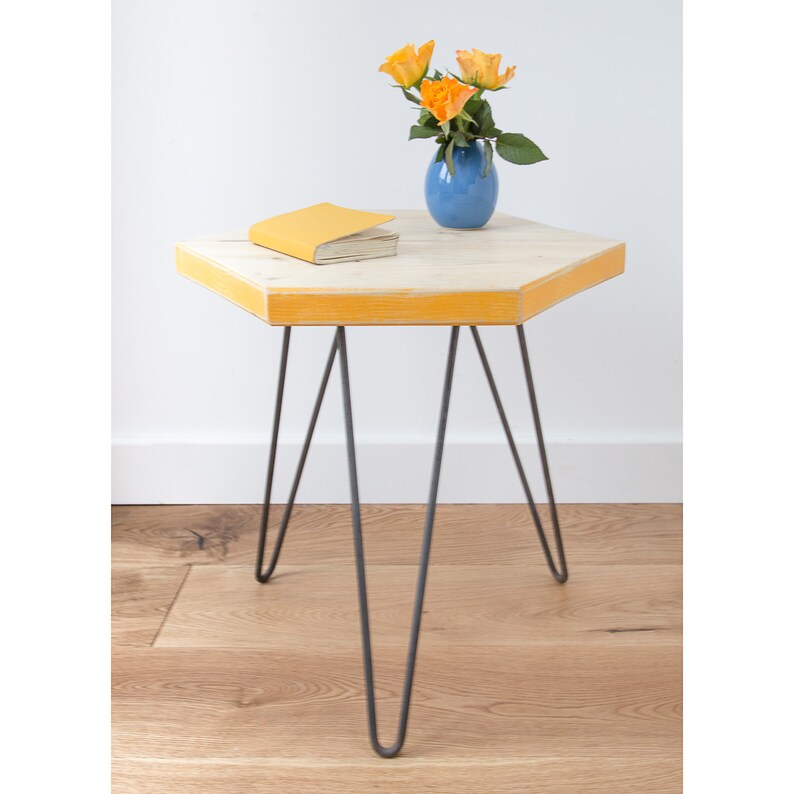 New Wooden Hexagon Coffee Table With Colour Pop Pantone Marigold Yellow Edges And Hairpin Legs