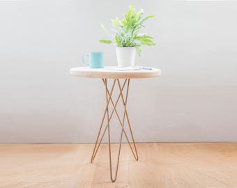 Hand made round wooden side table with Gold hairpin Tri leg