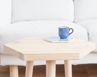 Mid century meets modern-Wooden Hexagon coffee table with round wooden tapered legs- perfect for the living room or bedroom