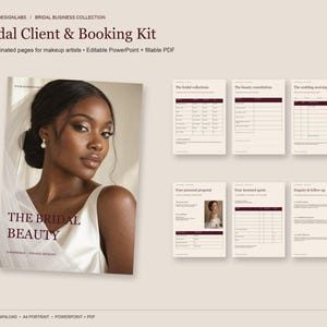 May include: A digital bridal client and booking kit featuring 24 coordinated pages for makeup artists. The set includes a cover page with a portrait of a bride and the text THE BRIDAL BEAUTY, alongside six internal pages with tables and forms.